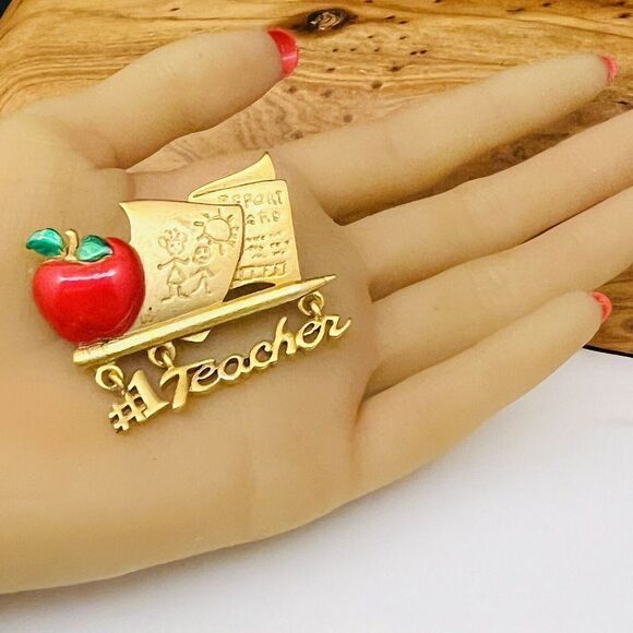 Vintage Teacher Gifts AJC Red Apple #1 Teacher Brooch Pin Gold Tone Large 4090 - Picture 4 of 11
